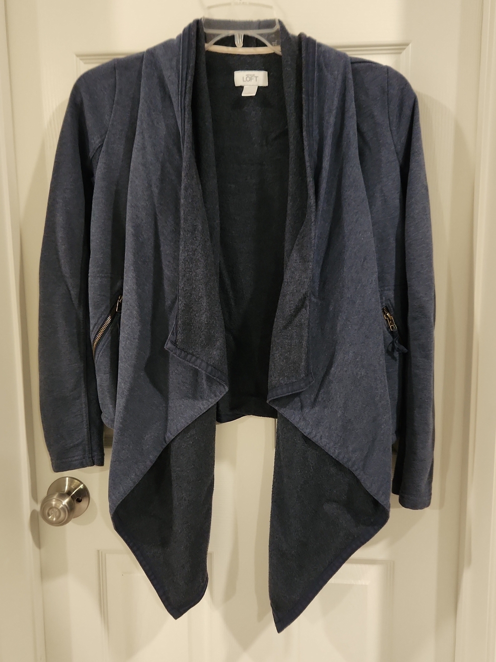 LOFT Blue Open Front Waterfall Cardigan Sweater Zipper Pockets Womens Size